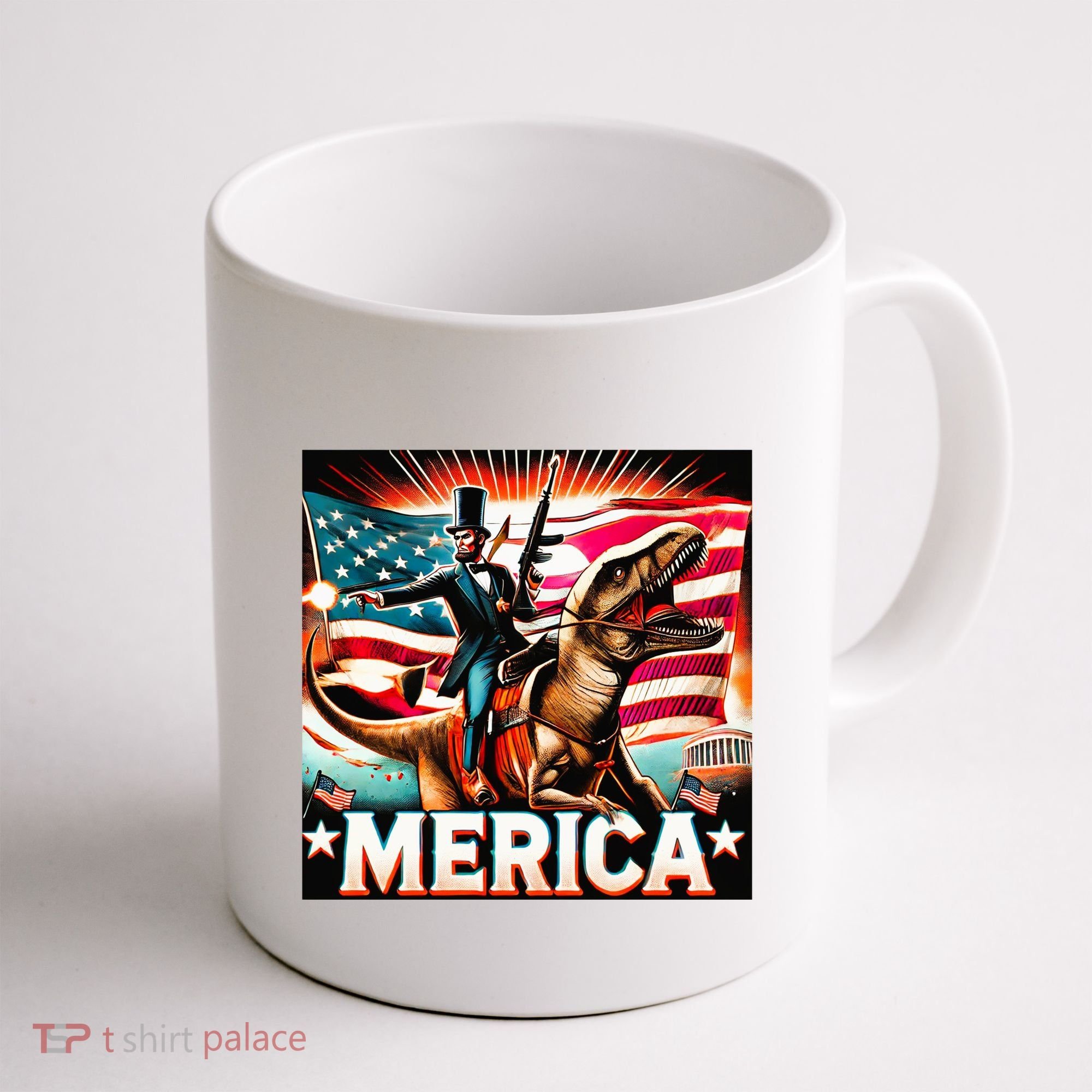 Abraham Lincoln Riding T Rex Merica Firing A Rifle Coffee Mug