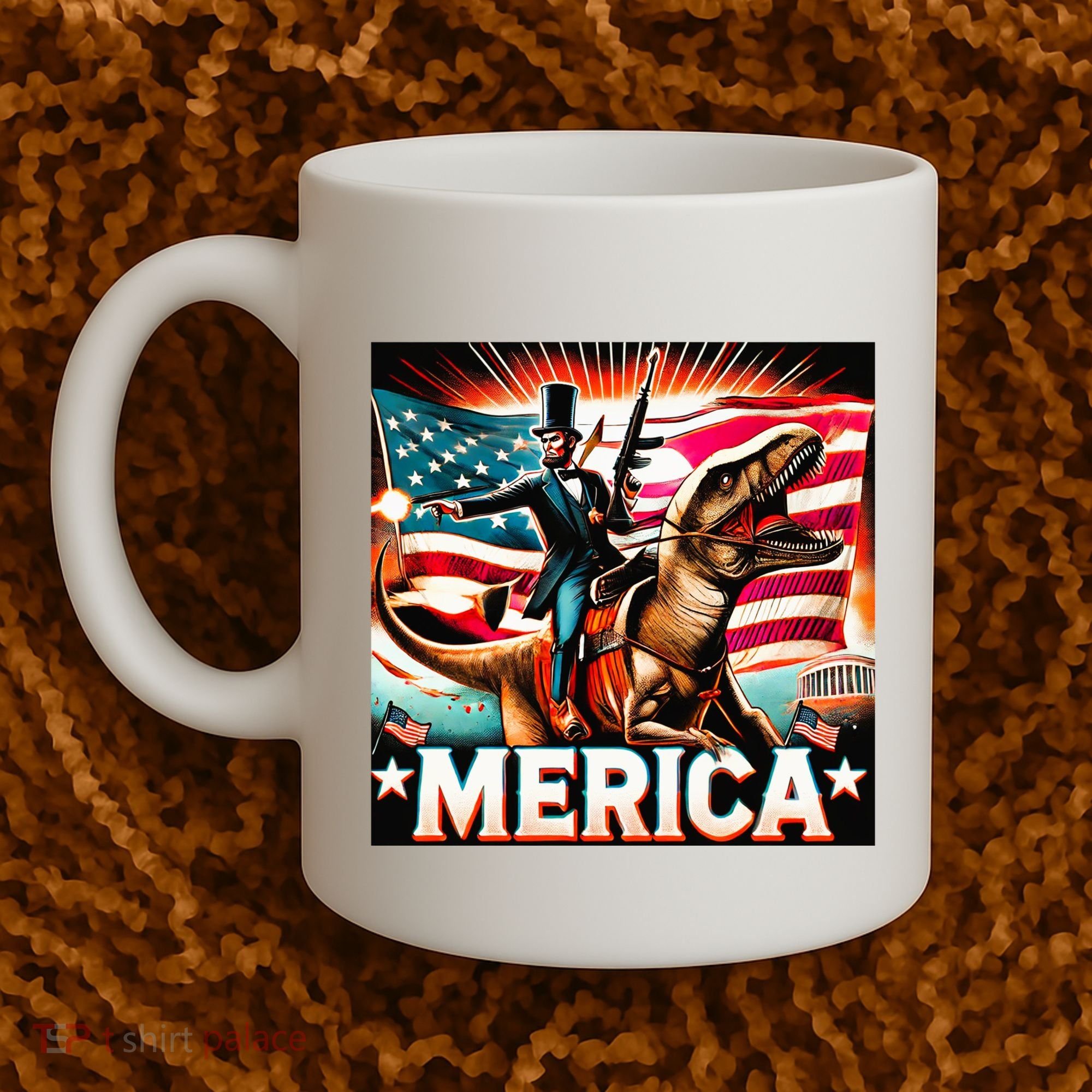 Abraham Lincoln Riding T Rex Merica Firing A Rifle Coffee Mug