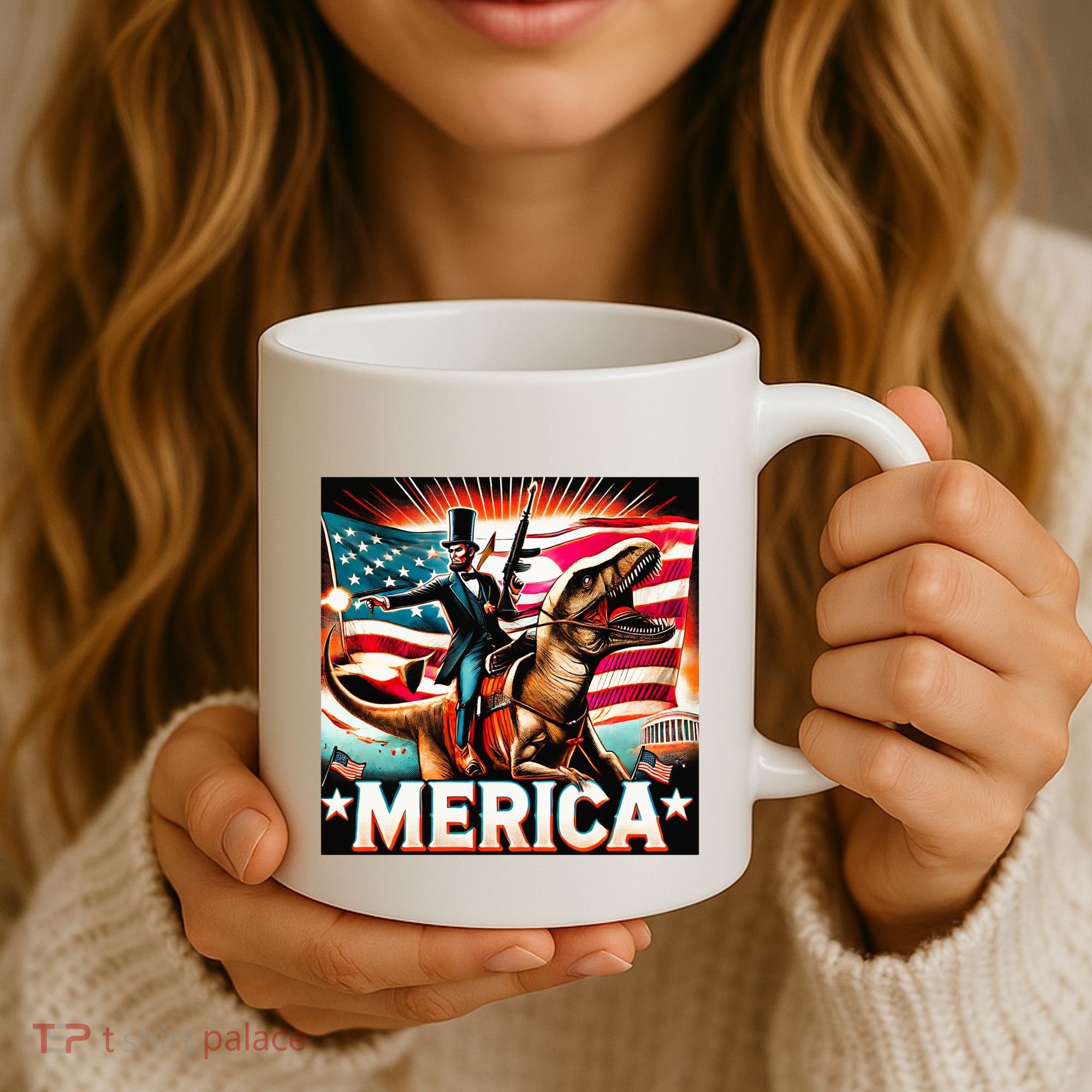 Abraham Lincoln Riding T Rex Merica Firing A Rifle Coffee Mug