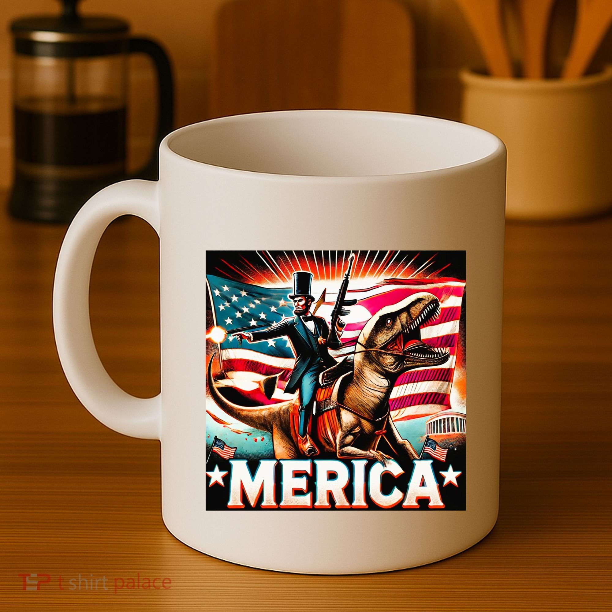 Abraham Lincoln Riding T Rex Merica Firing A Rifle Coffee Mug