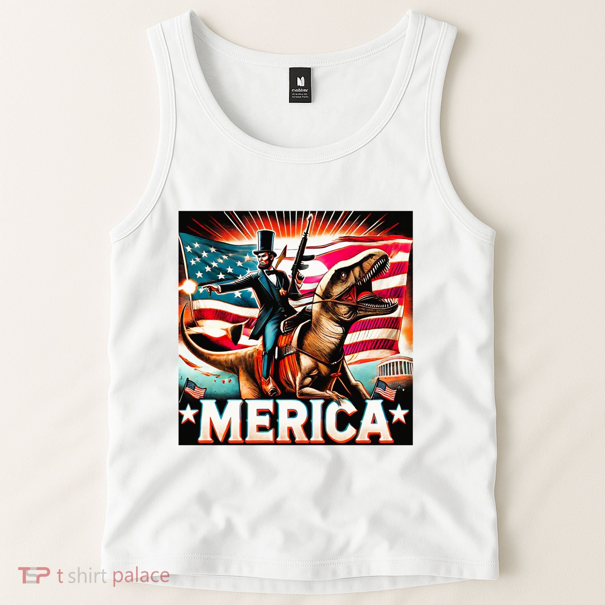 Abraham Lincoln Riding T Rex Merica Firing A Rifle Tank Top