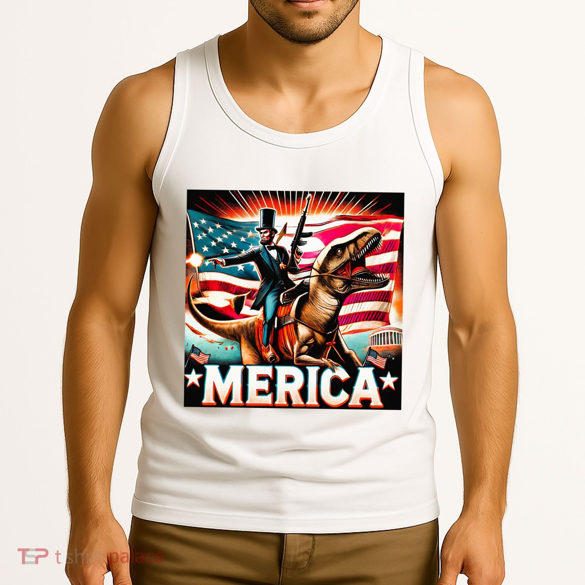 Abraham Lincoln Riding T Rex Merica Firing A Rifle Tank Top