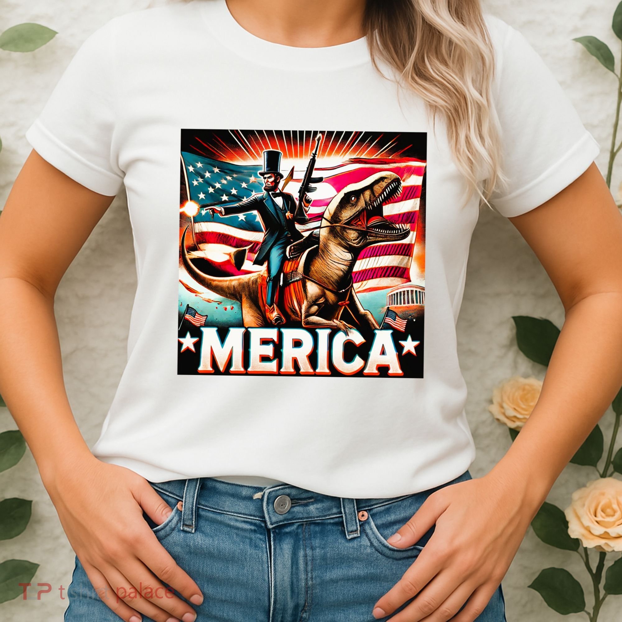 Abraham Lincoln Riding T Rex Merica Firing A Rifle Women's T-Shirt
