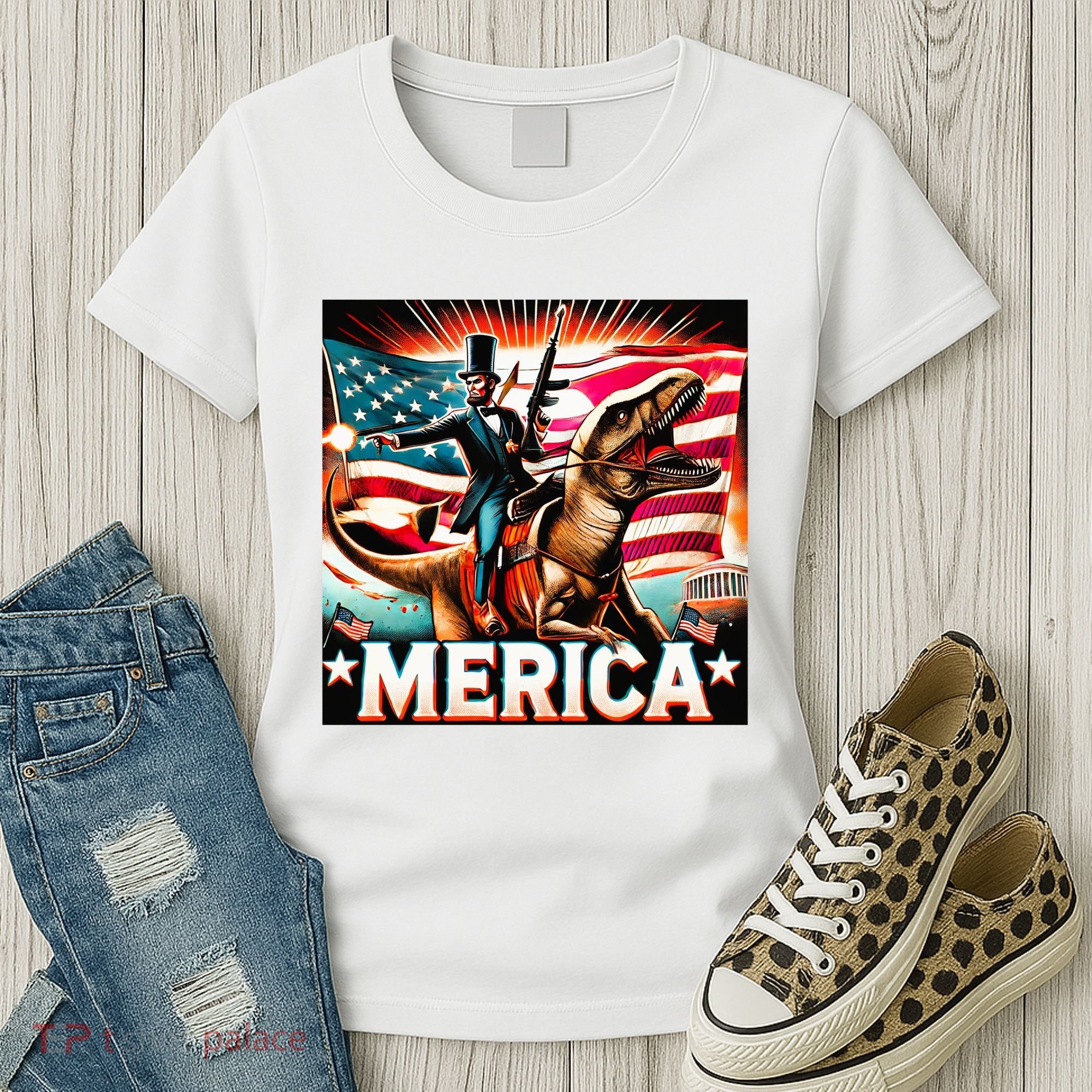 Abraham Lincoln Riding T Rex Merica Firing A Rifle Women's T-Shirt