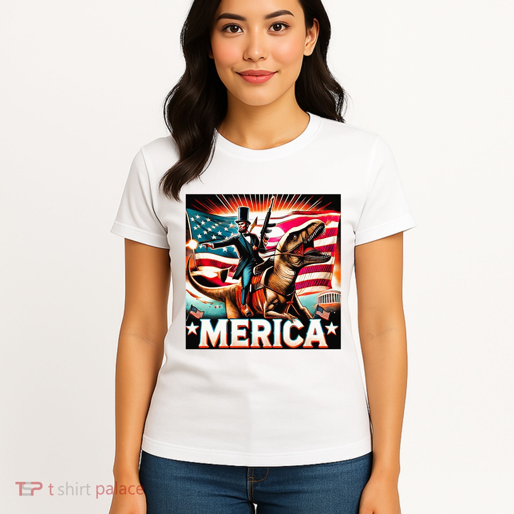 Abraham Lincoln Riding T Rex Merica Firing A Rifle Women's T-Shirt