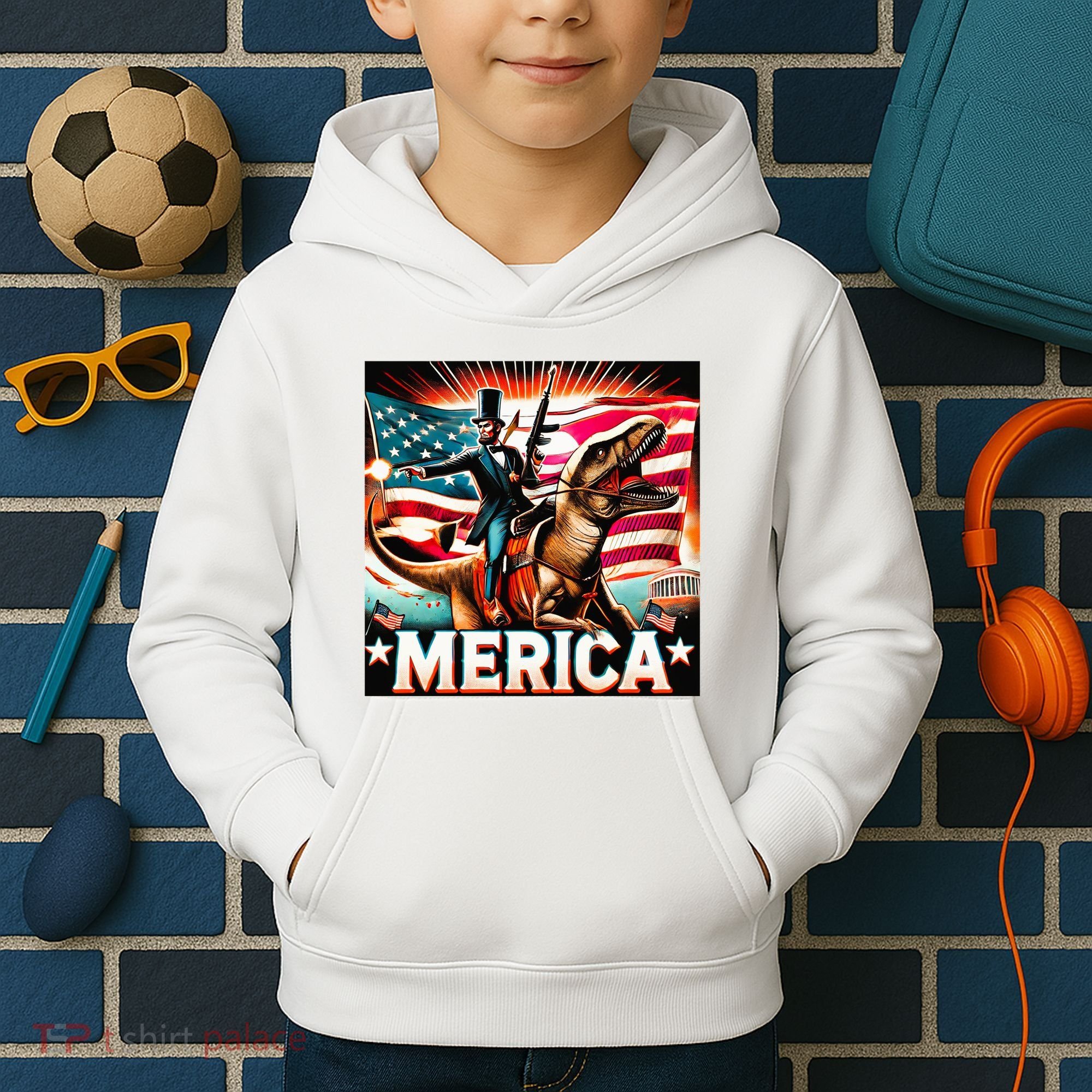 Abraham Lincoln Riding T Rex Merica Firing A Rifle Kids Hoodie