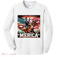 Abraham Lincoln Riding T Rex Merica Firing A Rifle Kids Long Sleeve Shirt thumb 0