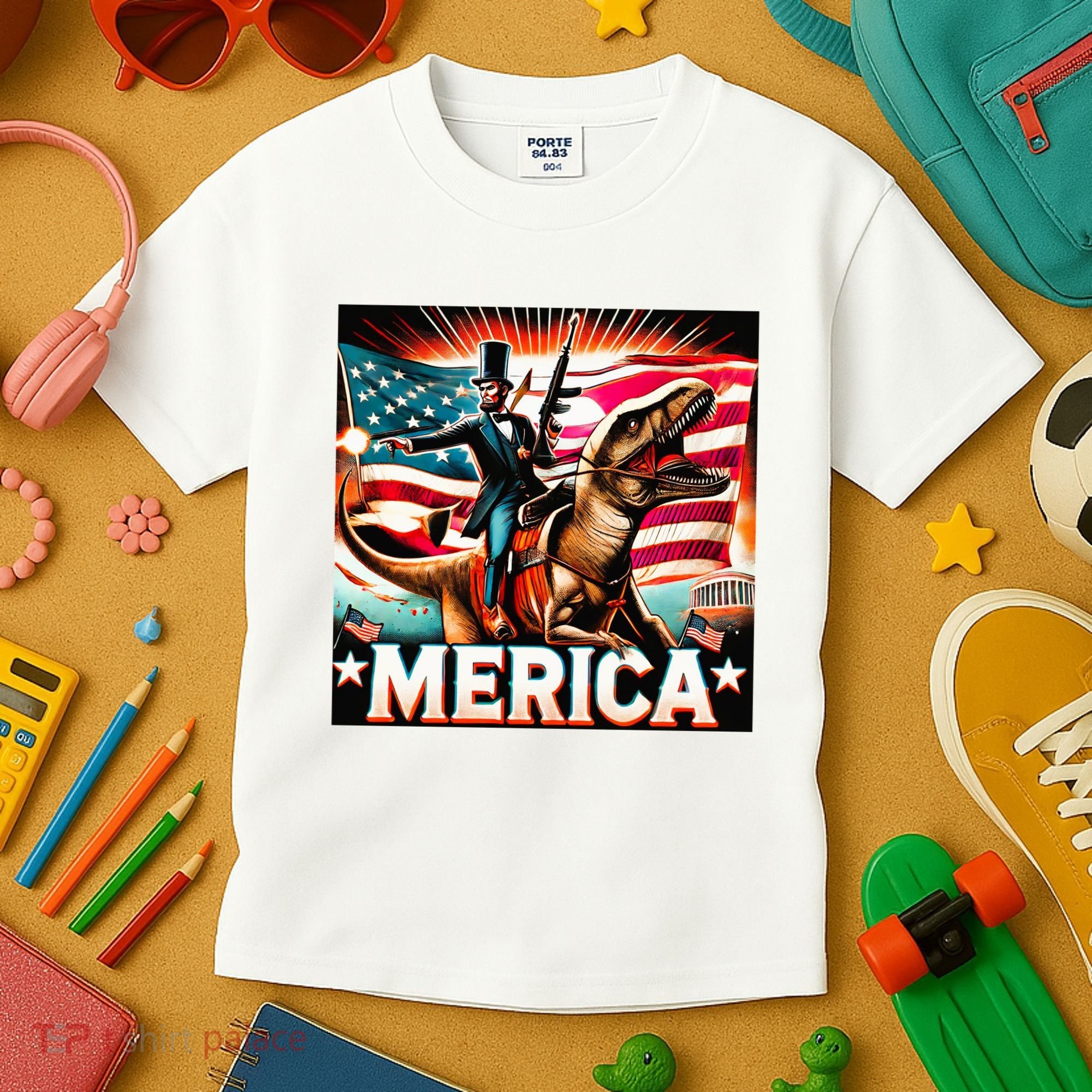 Abraham Lincoln Riding T Rex Merica Firing A Rifle Kids T-Shirt