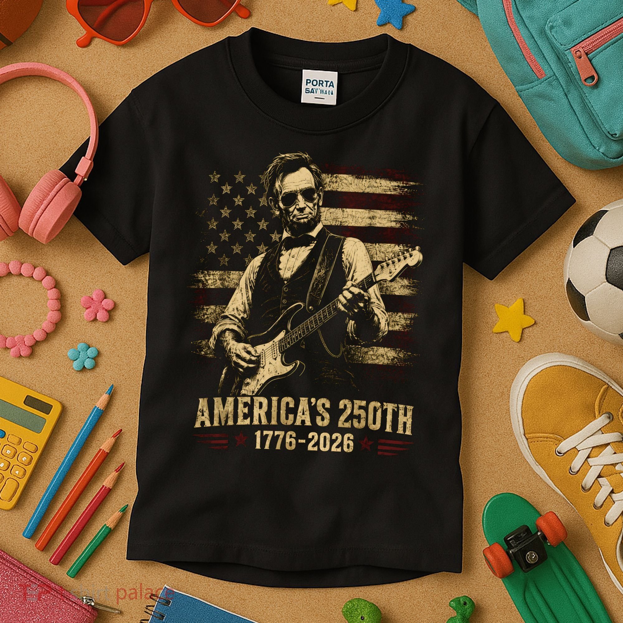 Abraham Lincoln Rocking Out for America's 250th Celebration Kids T-Shirt