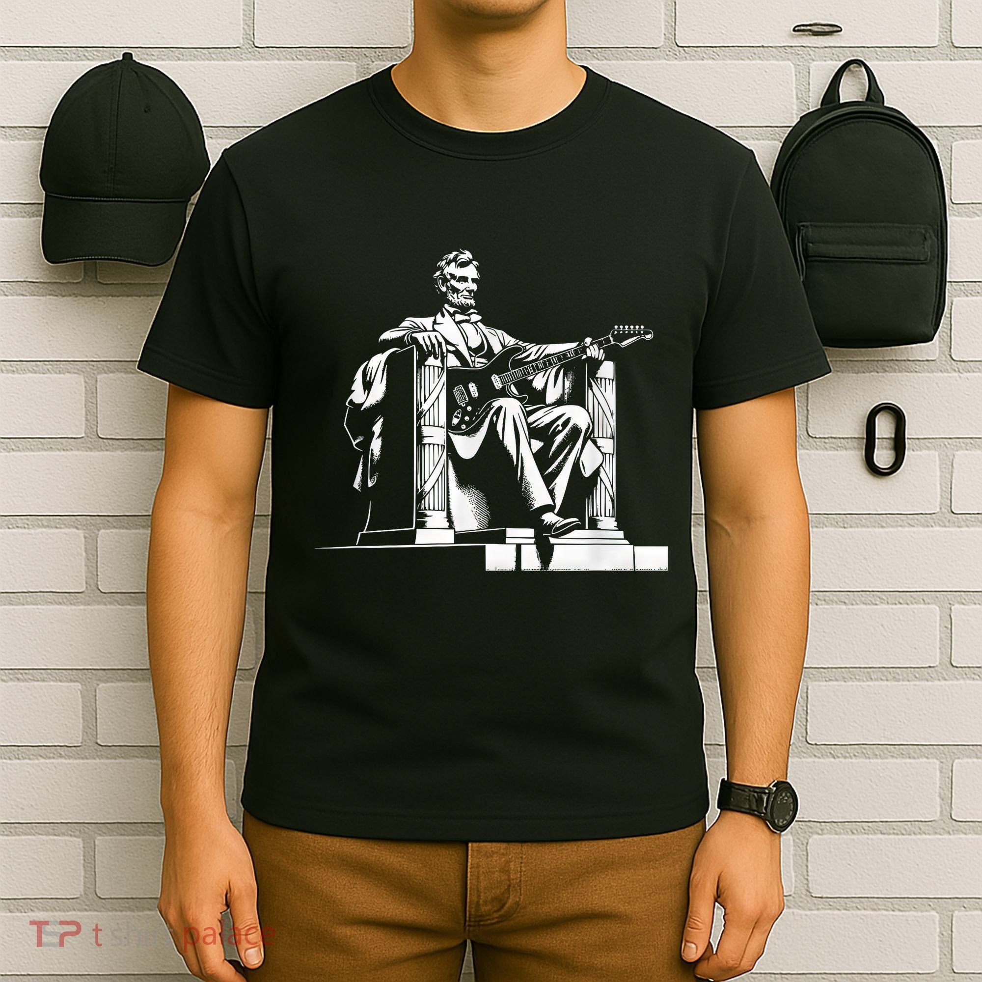 Abraham Lincoln Statue Playing Electric Guitar Funny T-Shirt