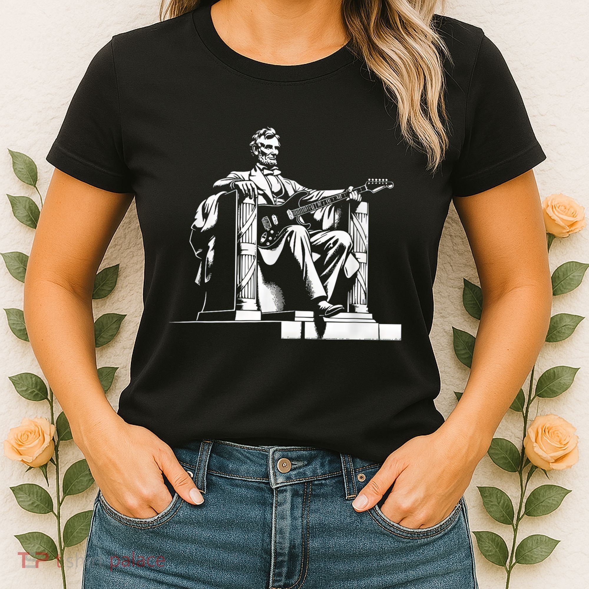 Abraham Lincoln Statue Playing Electric Guitar Funny Women's T-Shirt