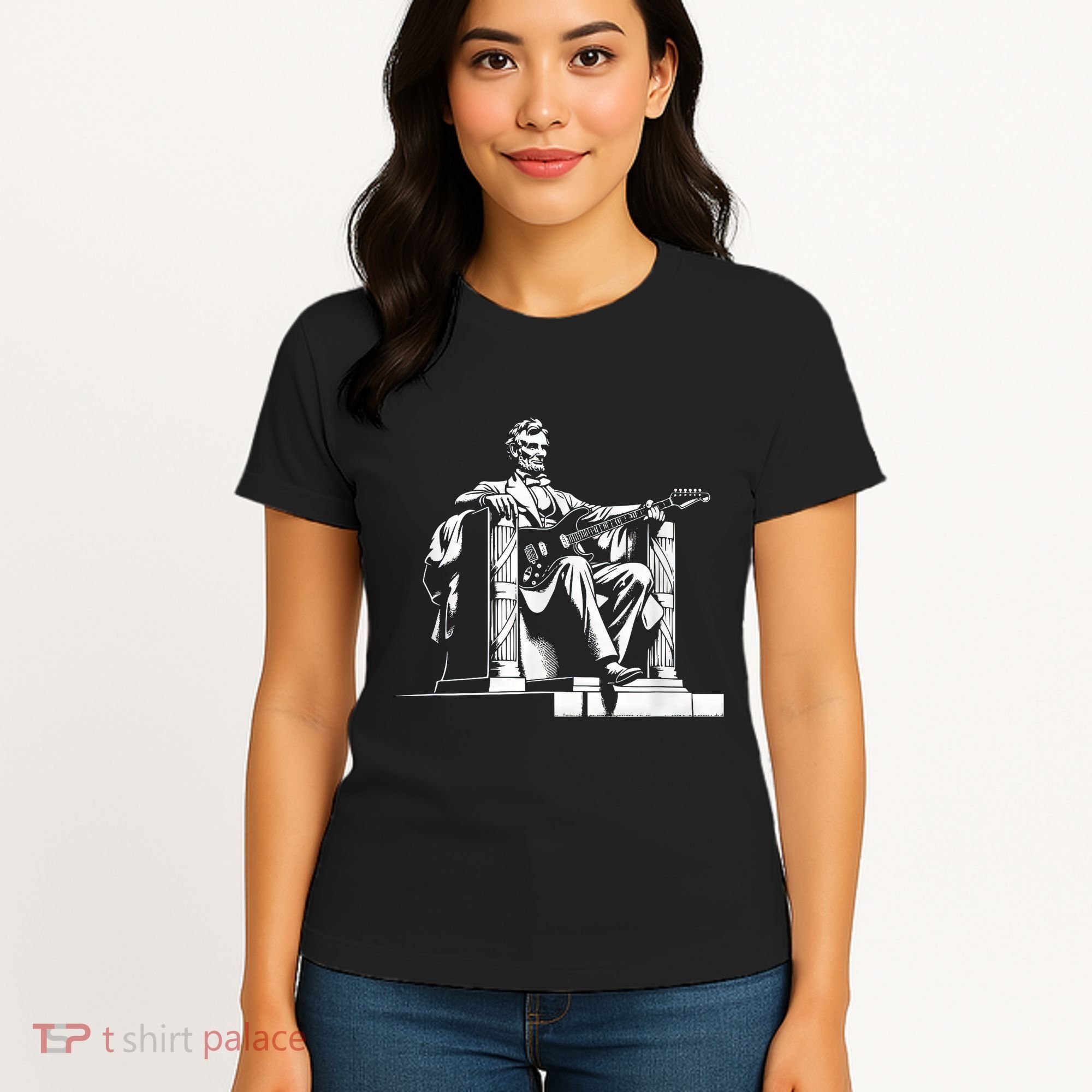 Abraham Lincoln Statue Playing Electric Guitar Funny Women's T-Shirt