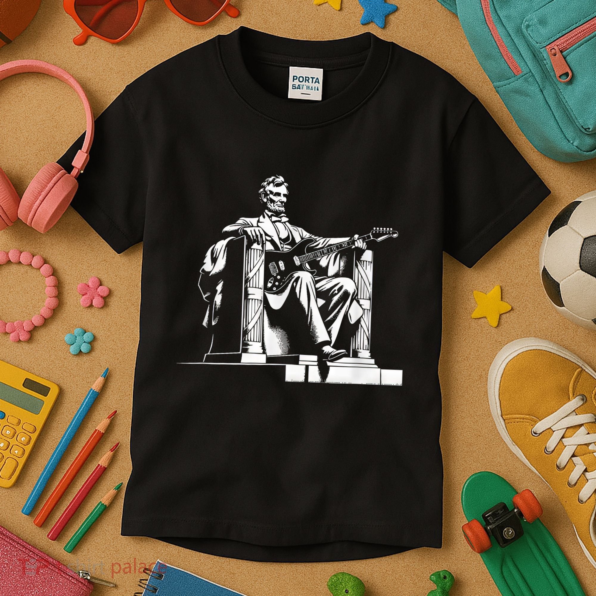 Abraham Lincoln Statue Playing Electric Guitar Funny Kids T-Shirt