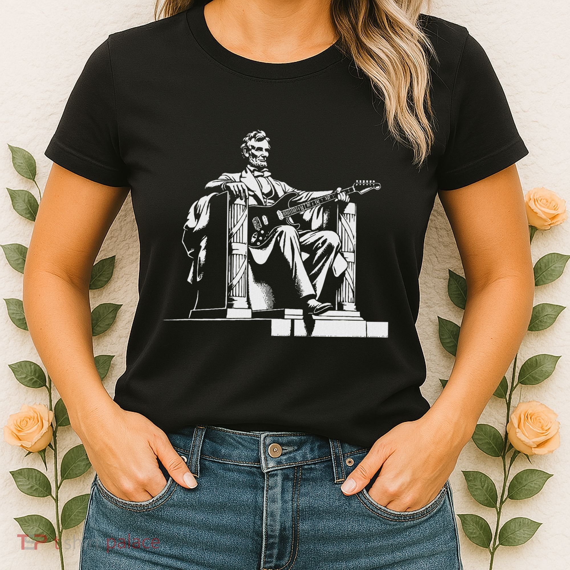 Abraham Lincoln Statue Playing Electric Guitar Funny Women's T-Shirt