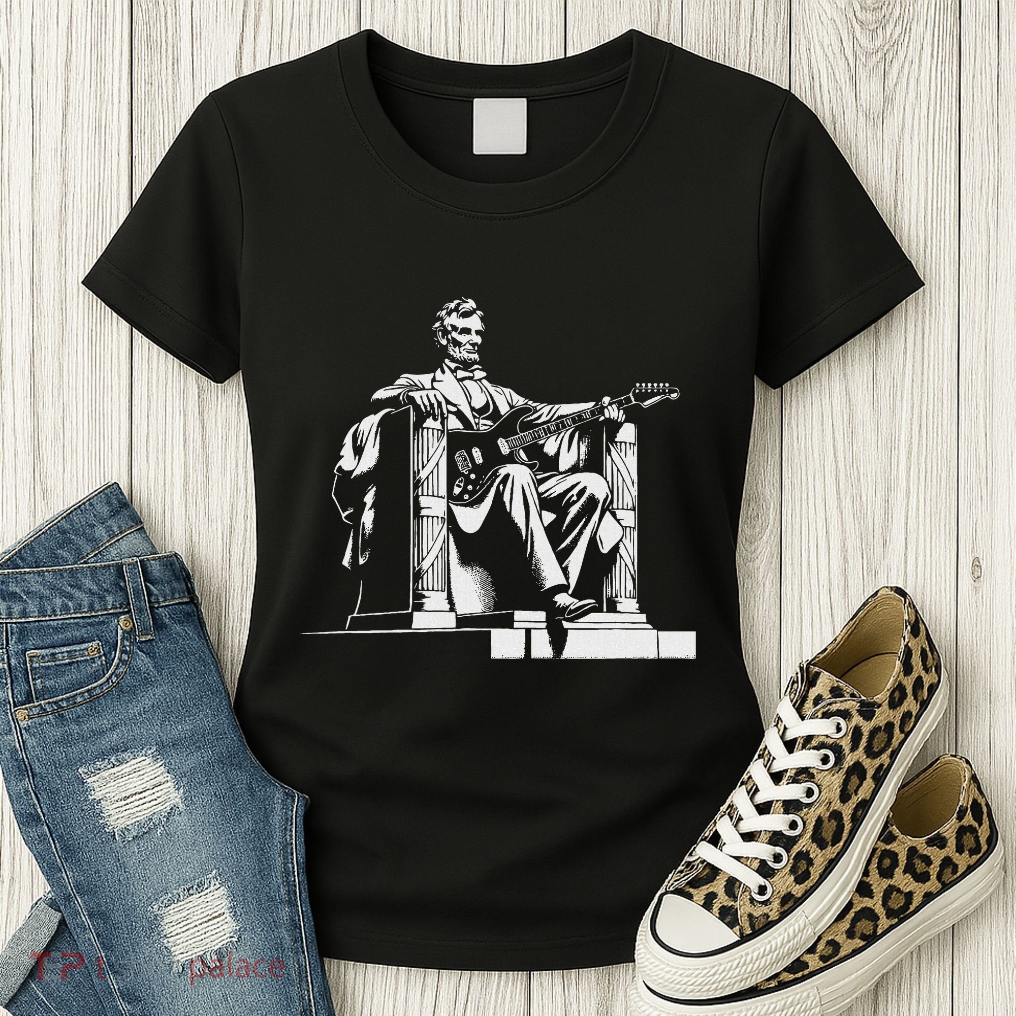 Abraham Lincoln Statue Playing Electric Guitar Funny Women's T-Shirt