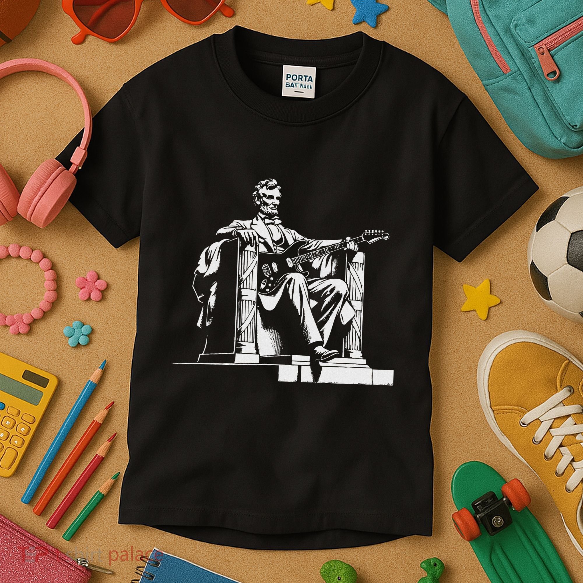 Abraham Lincoln Statue Playing Electric Guitar Funny Kids T-Shirt