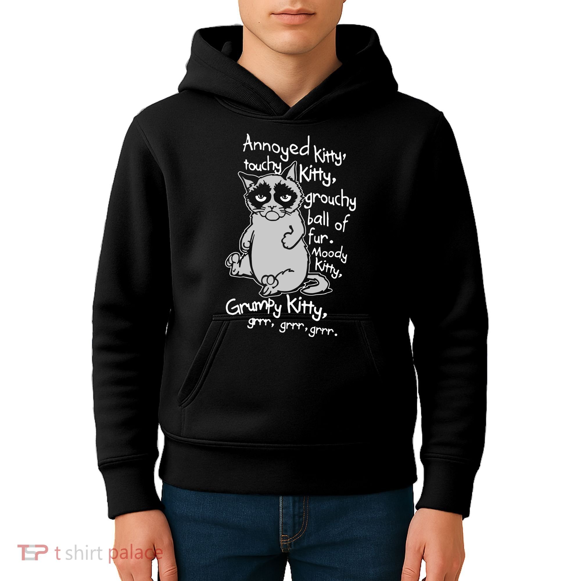 Annoyed Litty Touchy Kitty Grouchy Ball Of Fur Moody Kitty Grumpy Kitty Cat Kids Hoodie