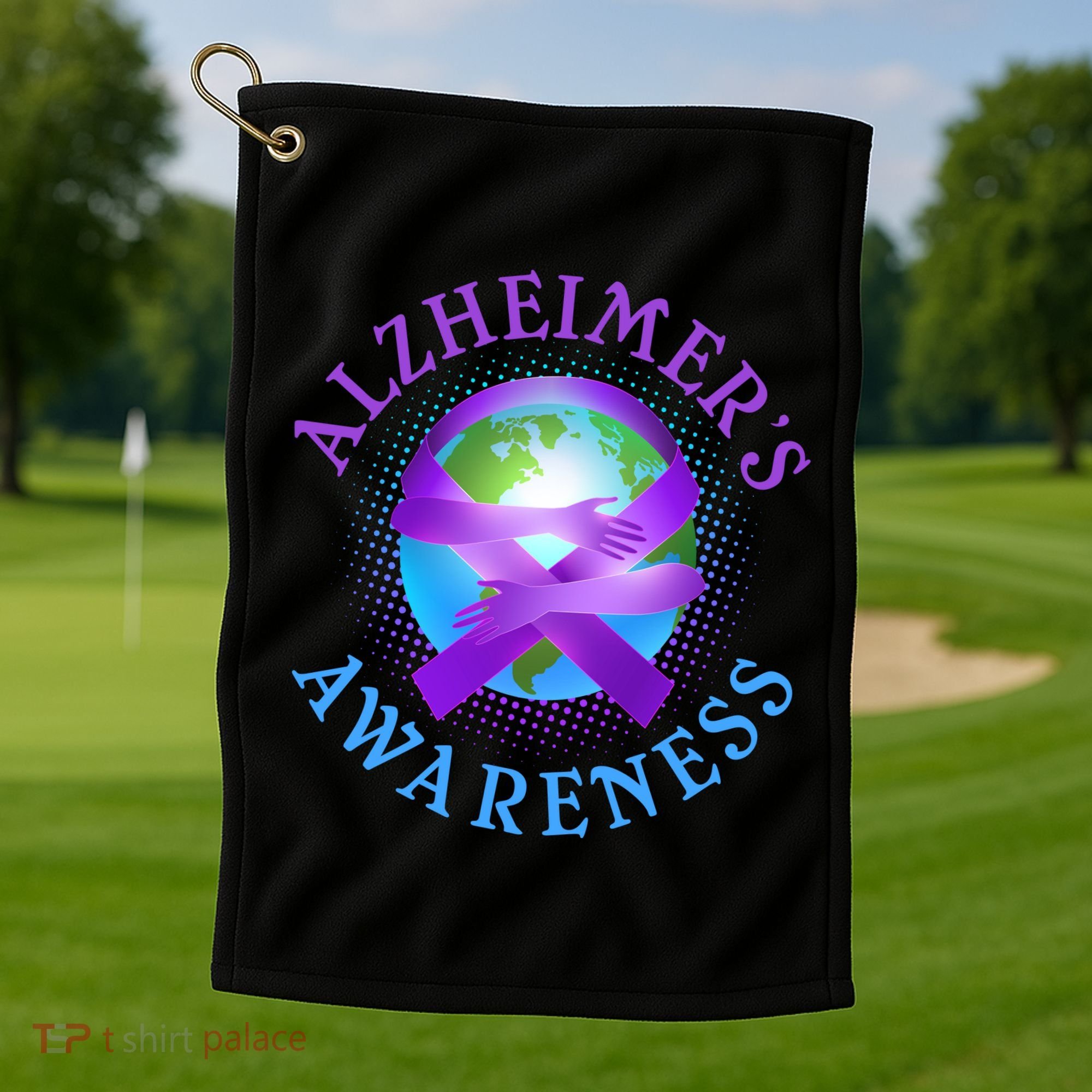 Alzheimer's Awareness Support Ribbon Hugging The World Golf Towel