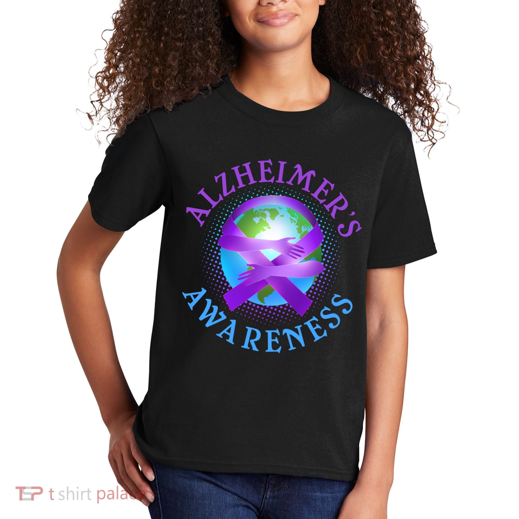 Alzheimer's Awareness Support Ribbon Hugging The World Kids T-Shirt