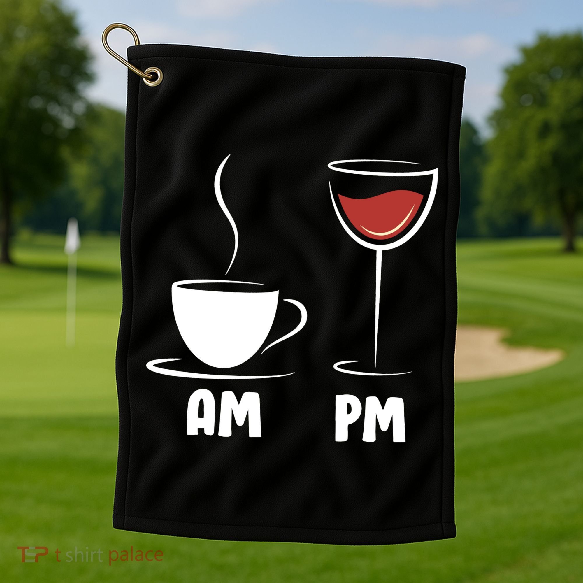 AM Coffee PM Wine Golf Towel