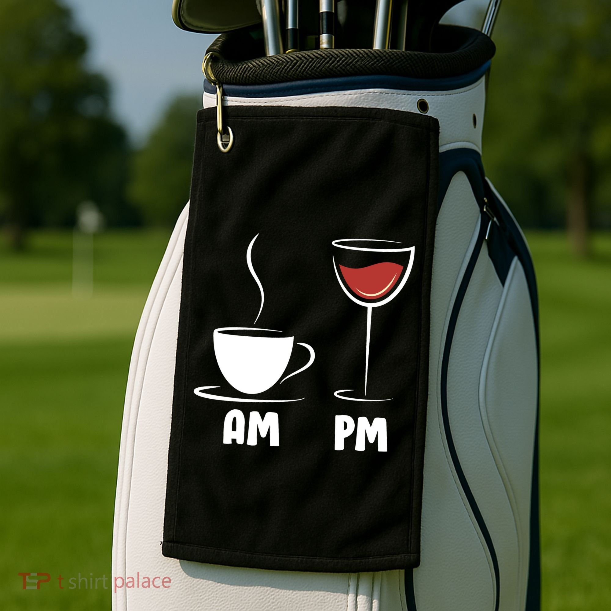 AM Coffee PM Wine Golf Towel