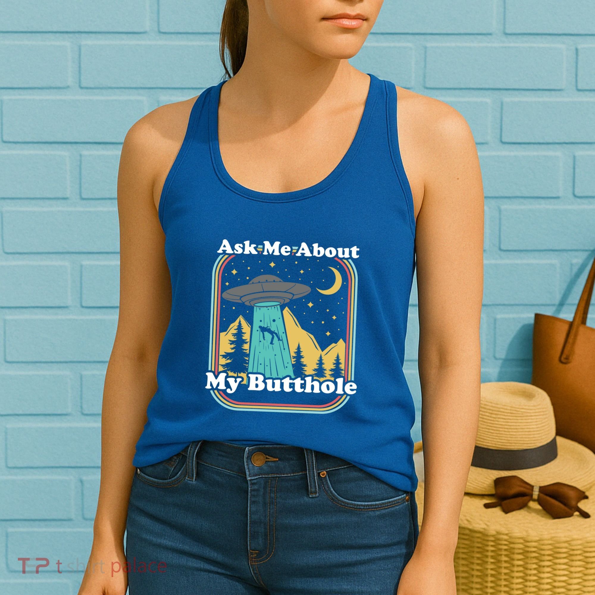 Ask Me About My Butthole Funny Alien Believer Retro 80s Gift Women's Tank Top
