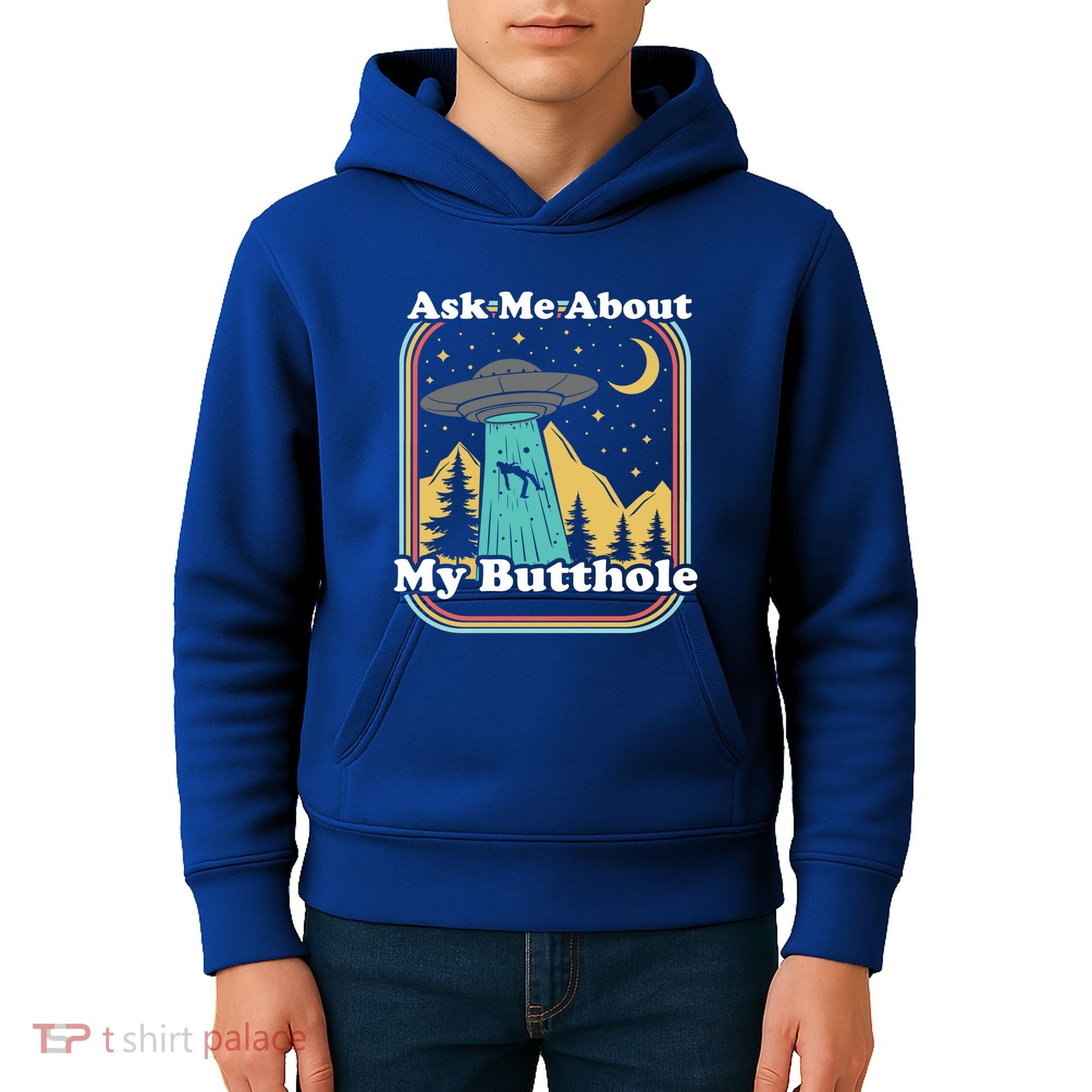 Ask Me About My Butthole Funny Alien Believer Retro 80s Gift Kids Hoodie