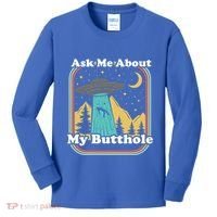 Ask Me About My Butthole Funny Alien Believer Retro 80s Gift Kids Long Sleeve Shirt thumb 0