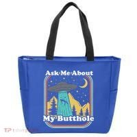 Ask Me About My Butthole Funny Alien Believer Retro 80s Gift Tote Bag thumb 0
