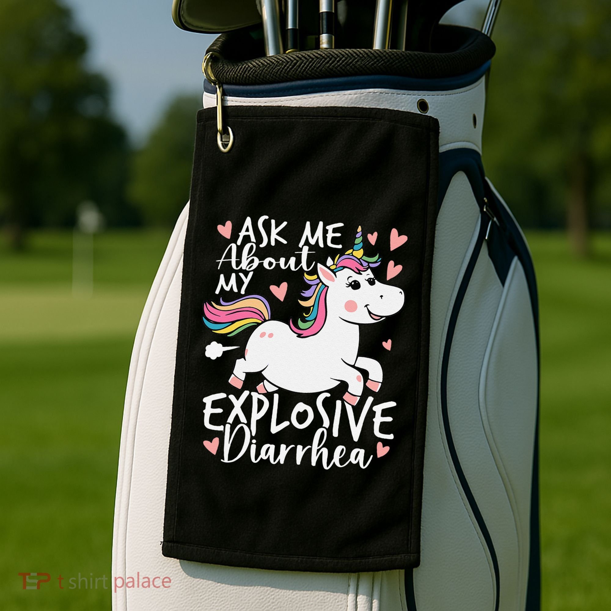 Ask Me About My Explosive Diarrhea Poop Meme Funny Unicorn Golf Towel
