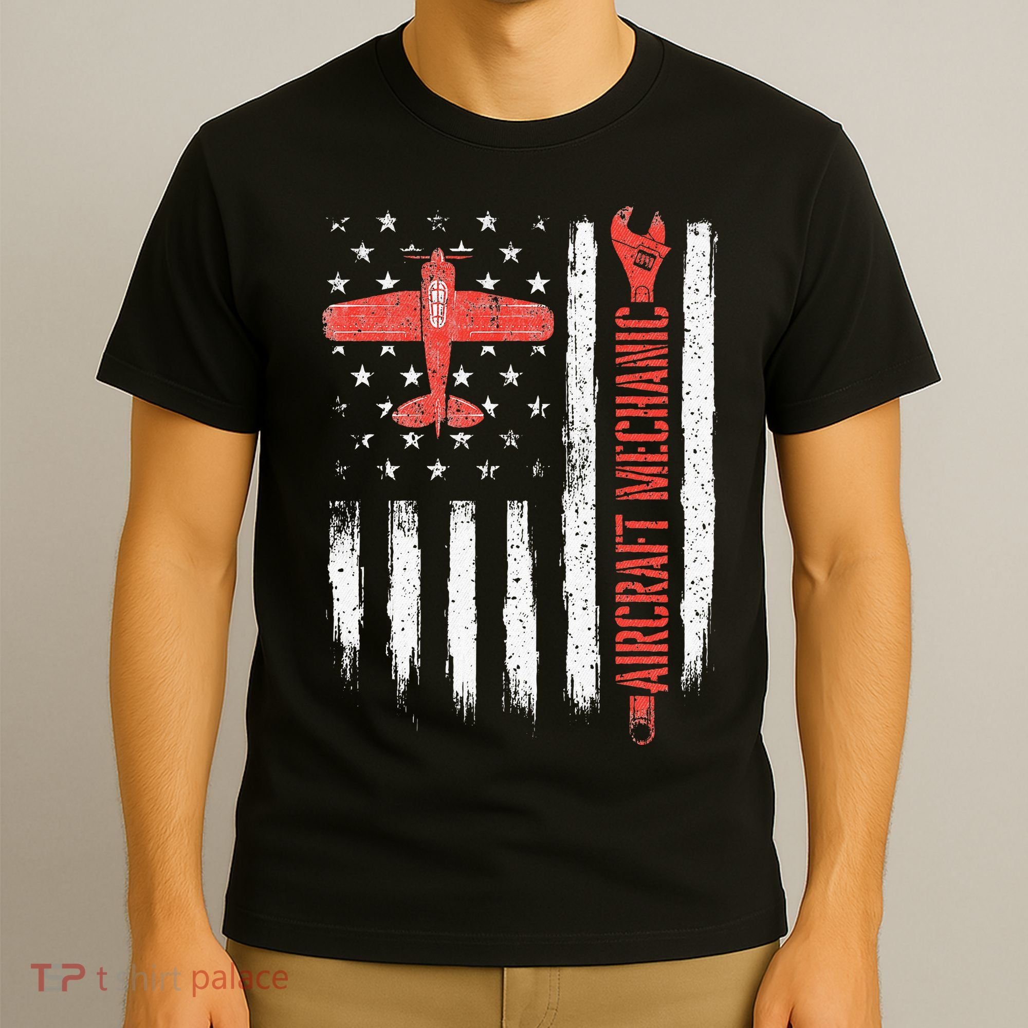 Aircraft Mechanic American Flag Plane Aviation Technician T-Shirt