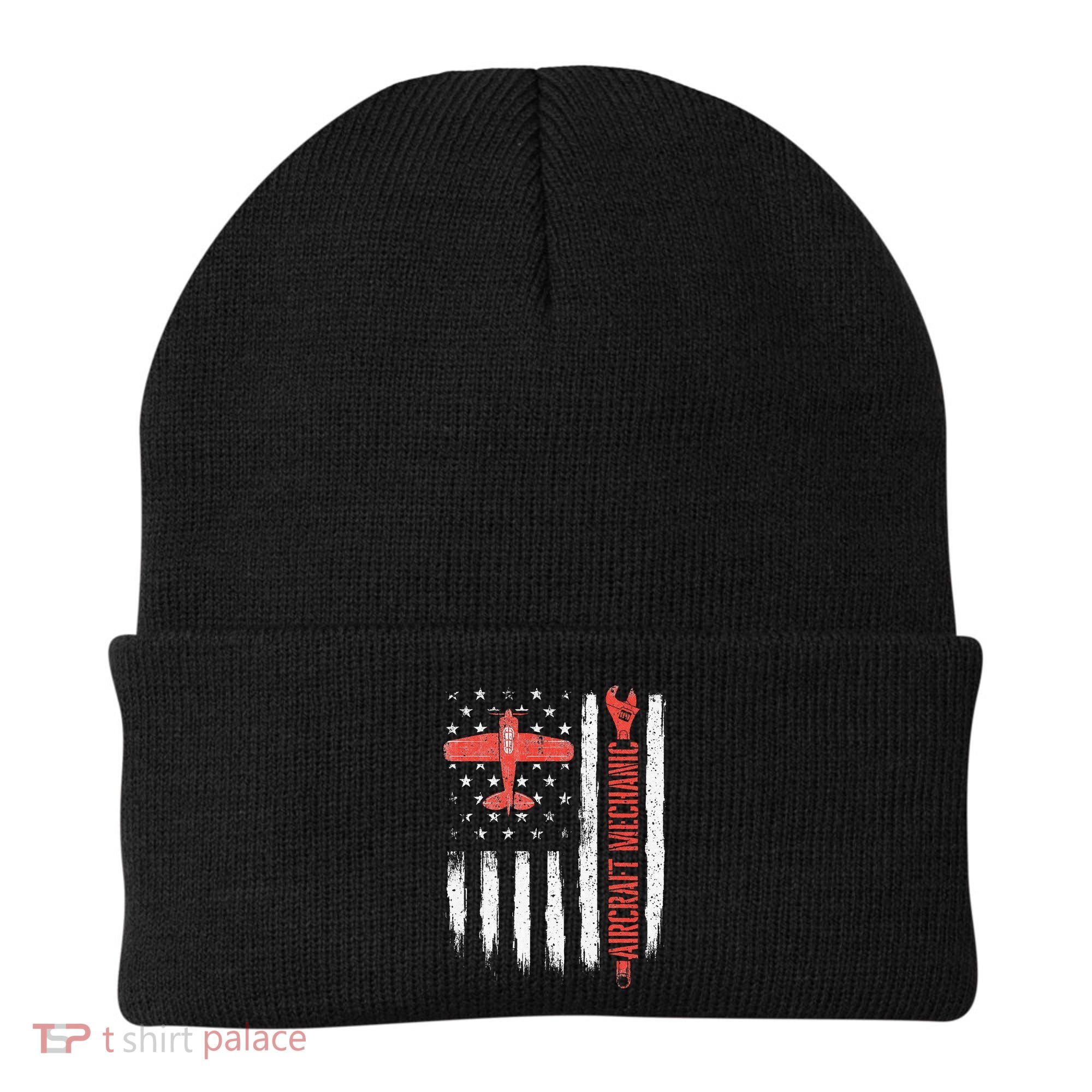 Aircraft Mechanic American Flag Plane Aviation Technician Beanie