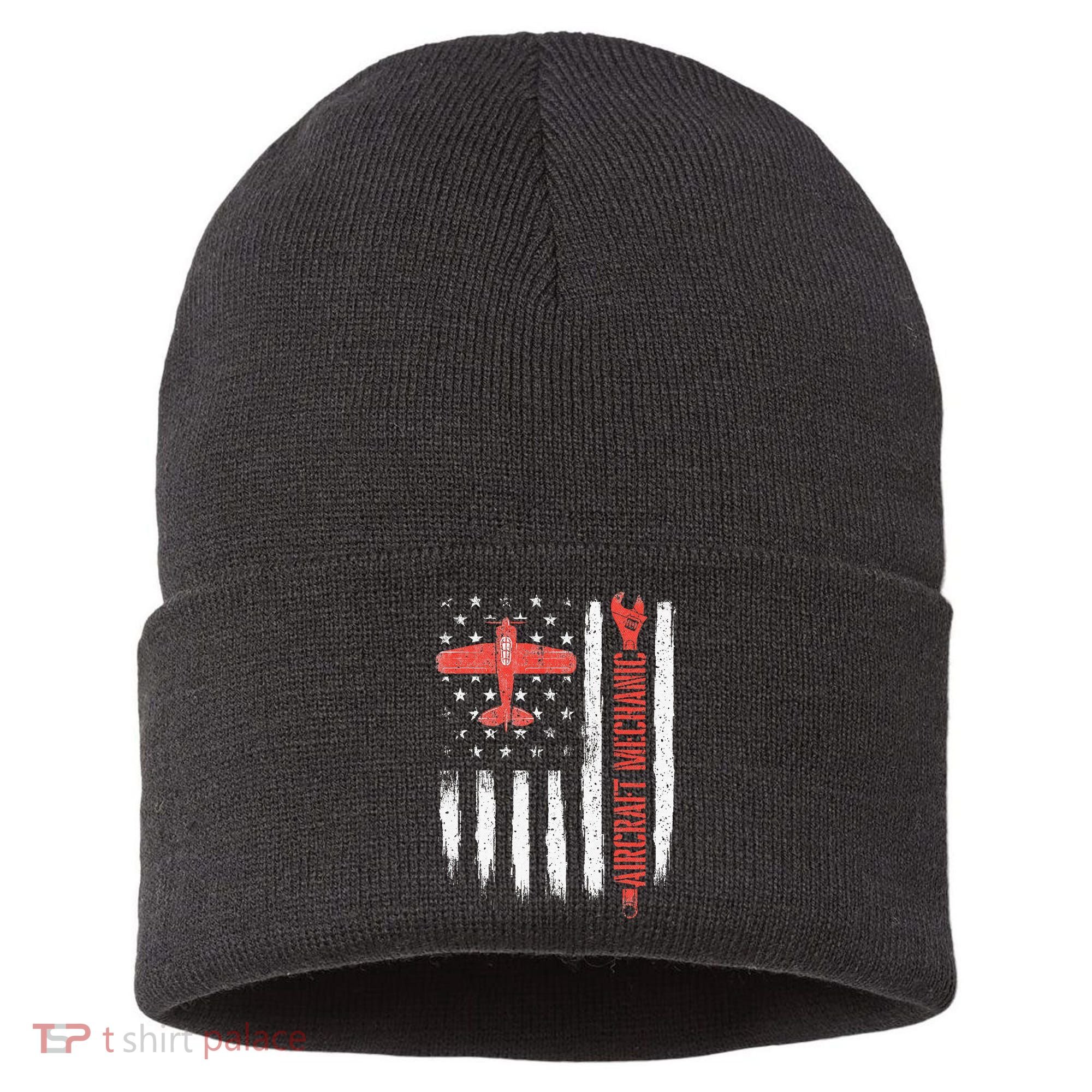 Aircraft Mechanic American Flag Plane Aviation Technician Sustainable Knit Beanie
