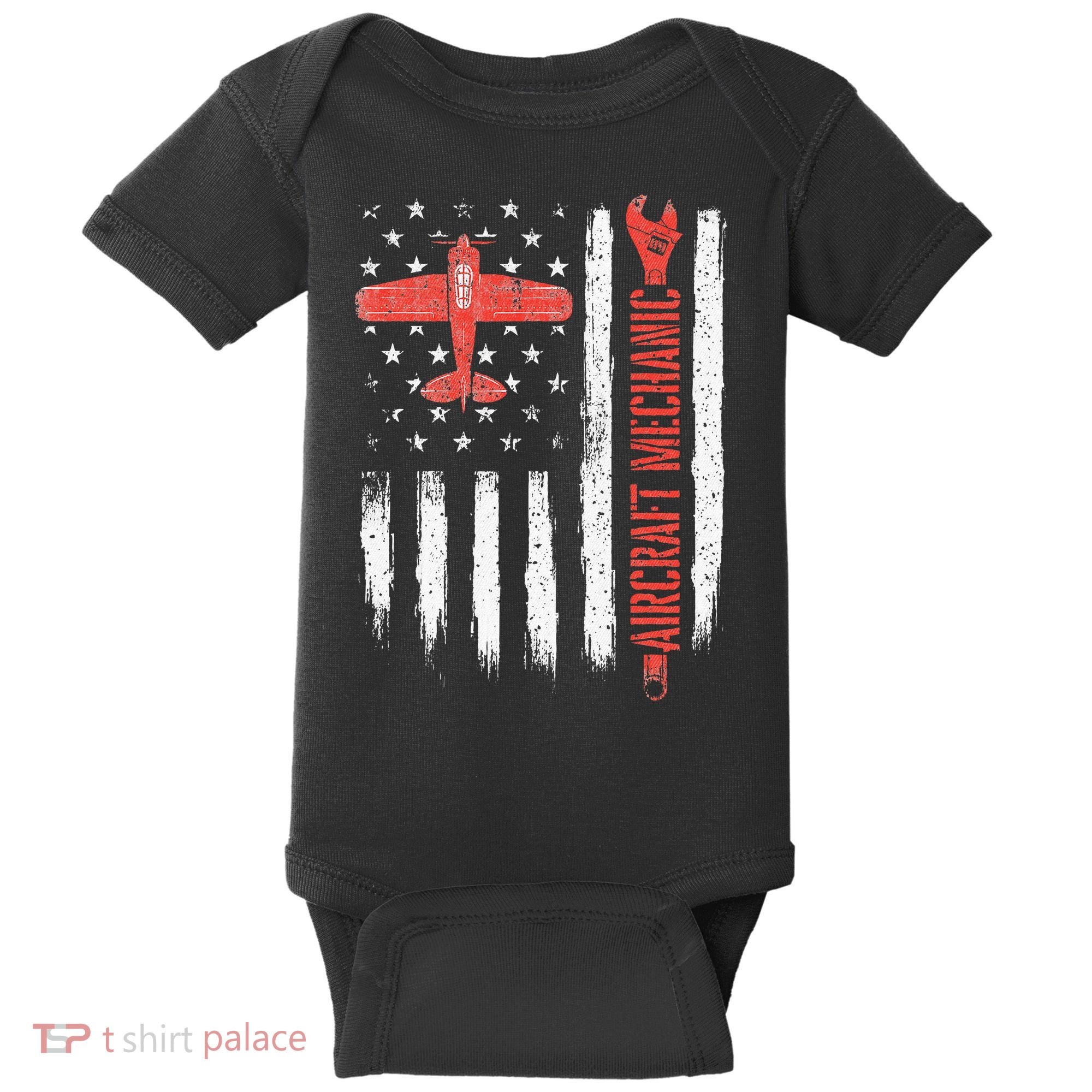 Aircraft Mechanic American Flag Plane Aviation Technician Baby Bodysuit