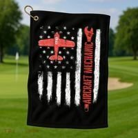 Aircraft Mechanic American Flag Plane Aviation Technician Golf Towel thumb 1