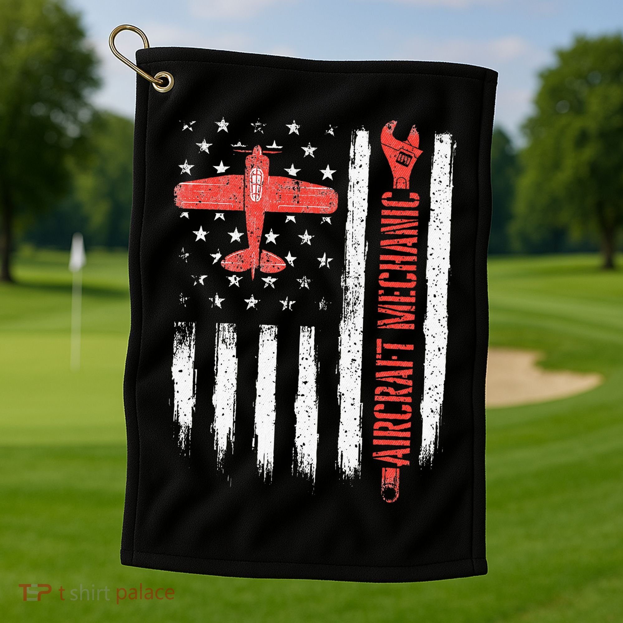 Aircraft Mechanic American Flag Plane Aviation Technician Golf Towel