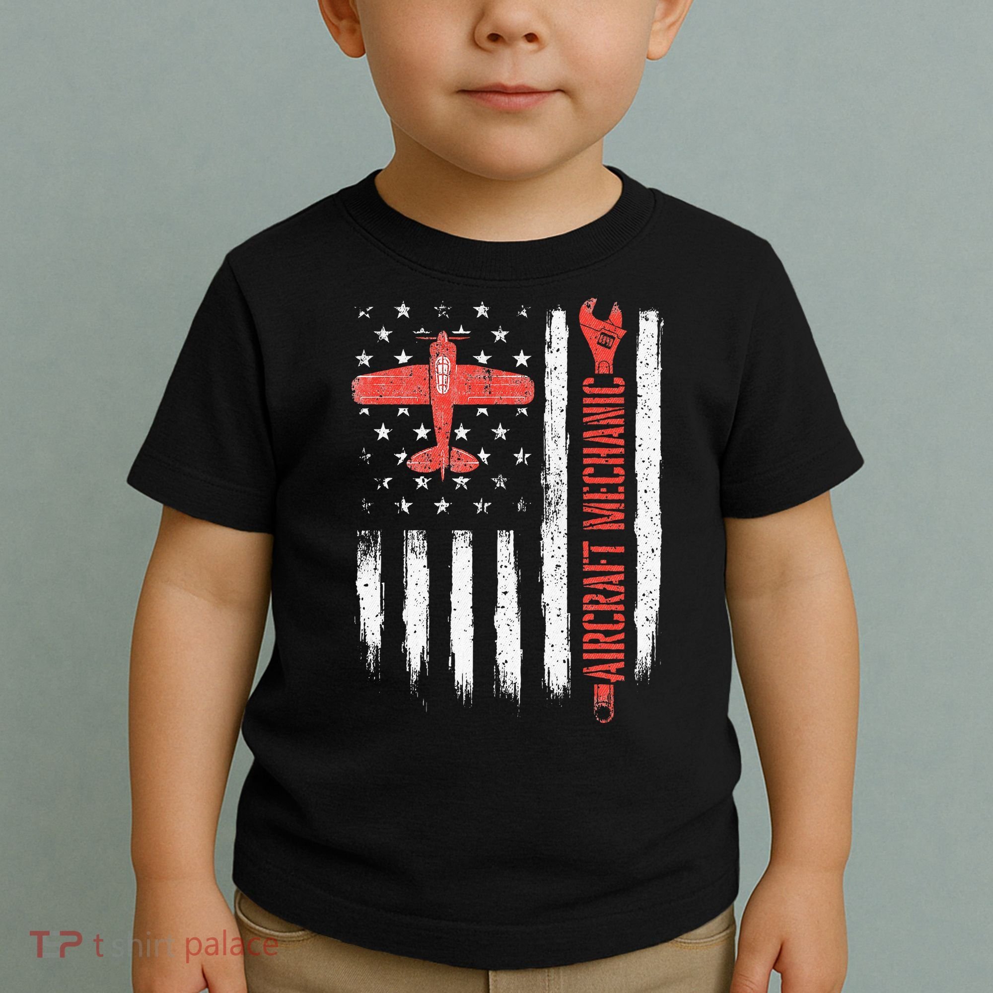 Aircraft Mechanic American Flag Plane Aviation Technician Toddler T-Shirt