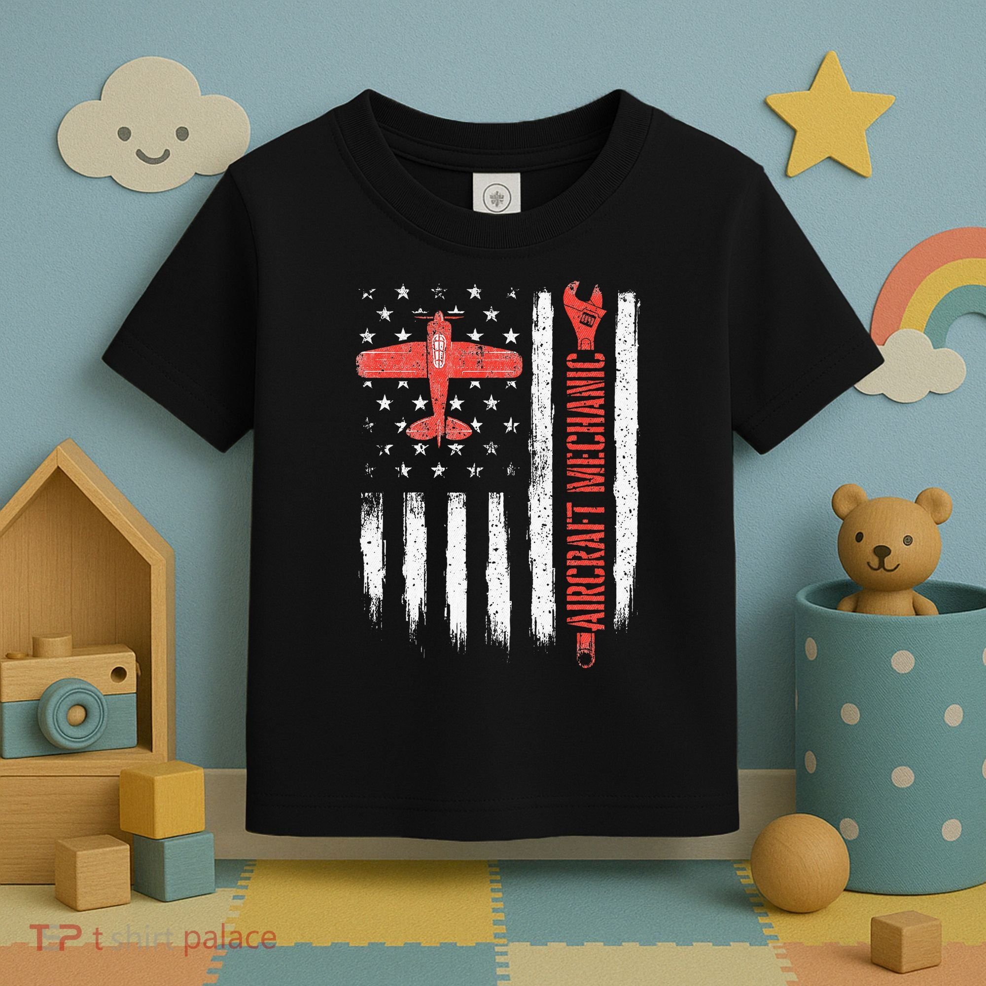 Aircraft Mechanic American Flag Plane Aviation Technician Toddler T-Shirt