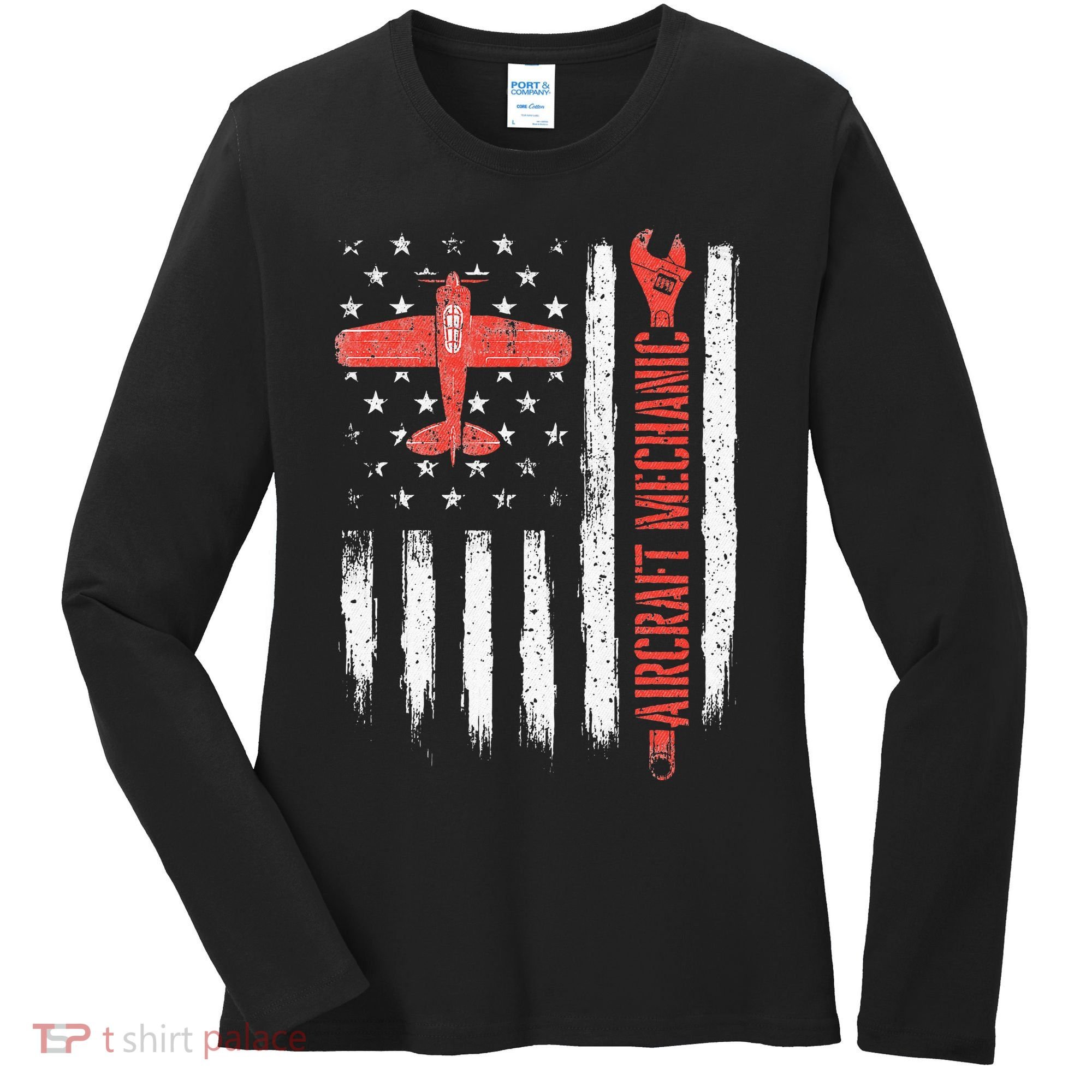 Aircraft Mechanic American Flag Plane Aviation Technician Women's Long Sleeve Shirt