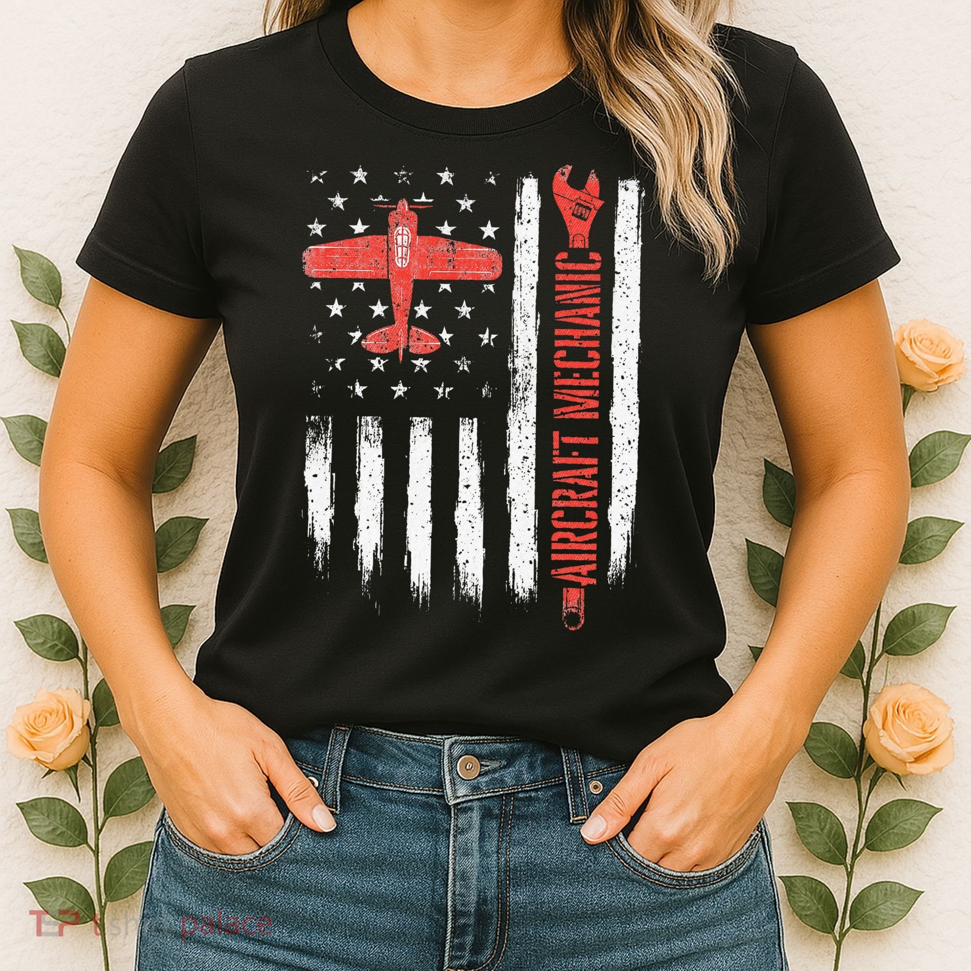 Aircraft Mechanic American Flag Plane Aviation Technician Women's T-Shirt