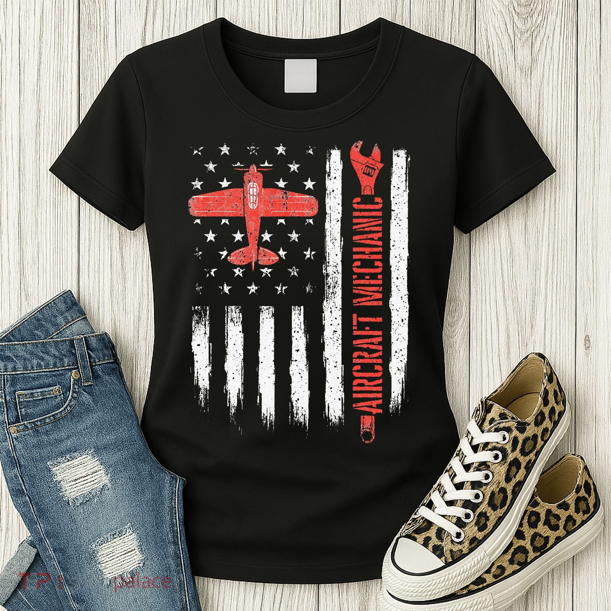 Aircraft Mechanic American Flag Plane Aviation Technician Women's T-Shirt