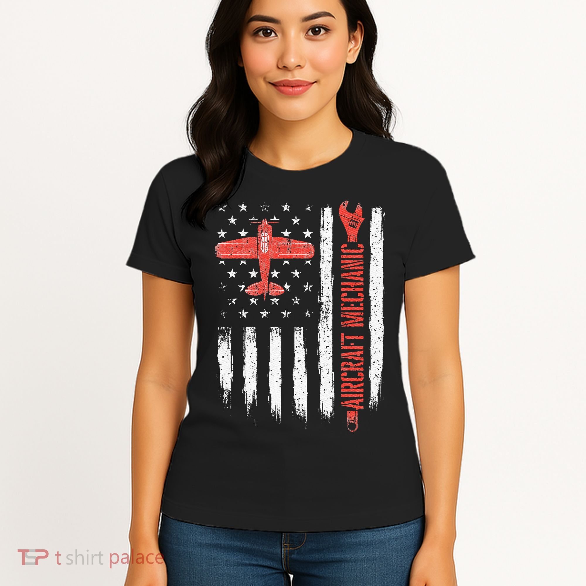 Aircraft Mechanic American Flag Plane Aviation Technician Women's T-Shirt