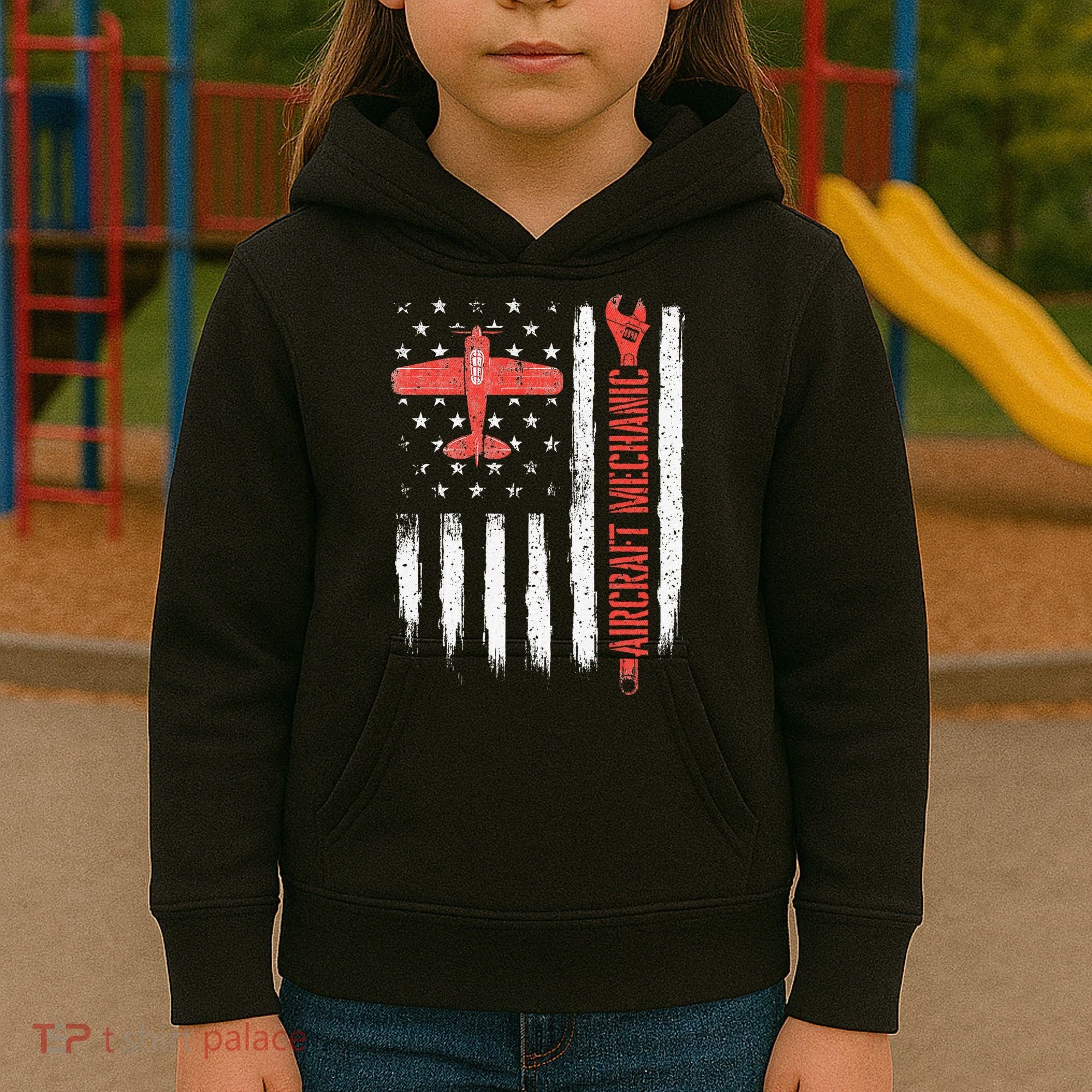 Aircraft Mechanic American Flag Plane Aviation Technician Kids Hoodie
