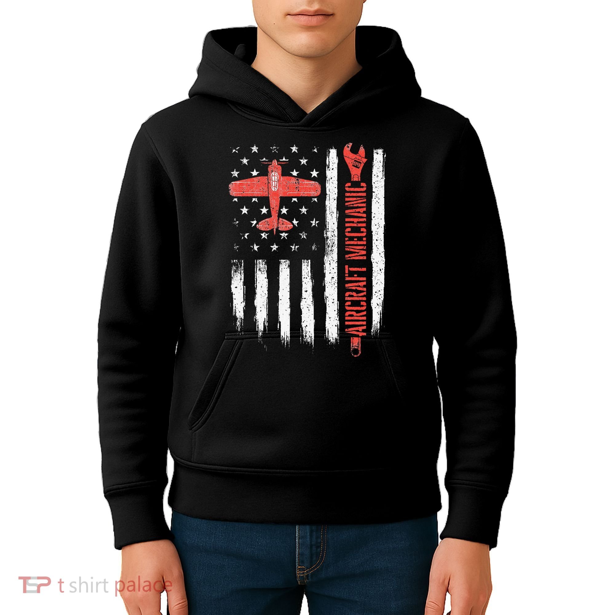 Aircraft Mechanic American Flag Plane Aviation Technician Kids Hoodie