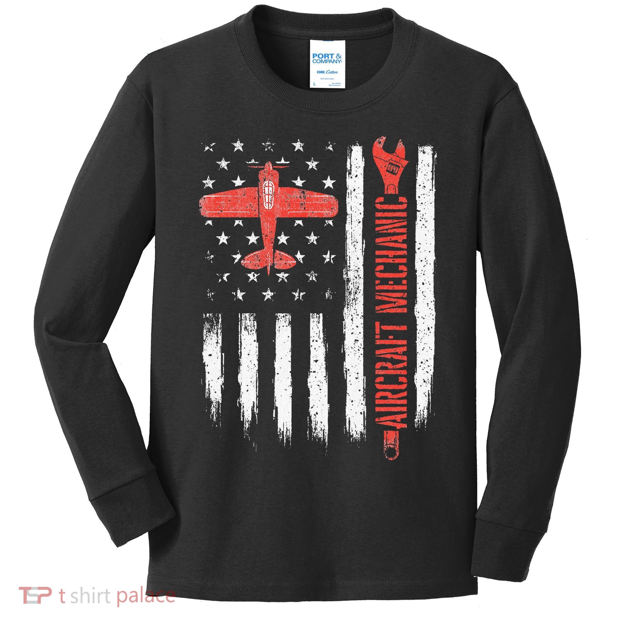 Aircraft Mechanic American Flag Plane Aviation Technician Kids Long Sleeve Shirt
