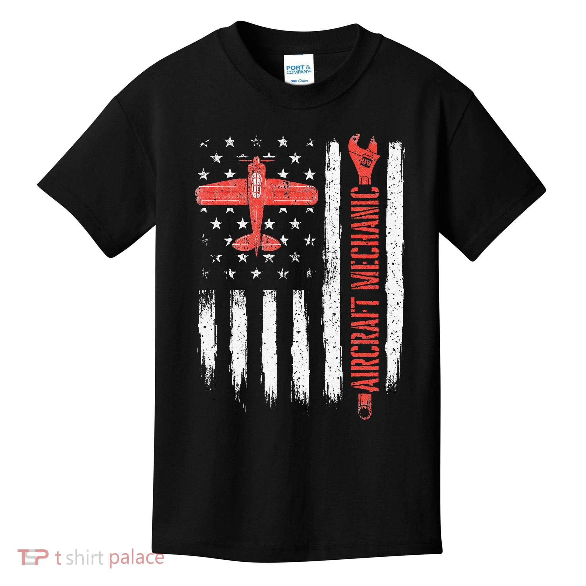 Aircraft Mechanic American Flag Plane Aviation Technician Kids T-Shirt