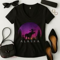 Alaska Moose Borealis Alaskan Landscape Women's V-Neck T-Shirt thumb 2