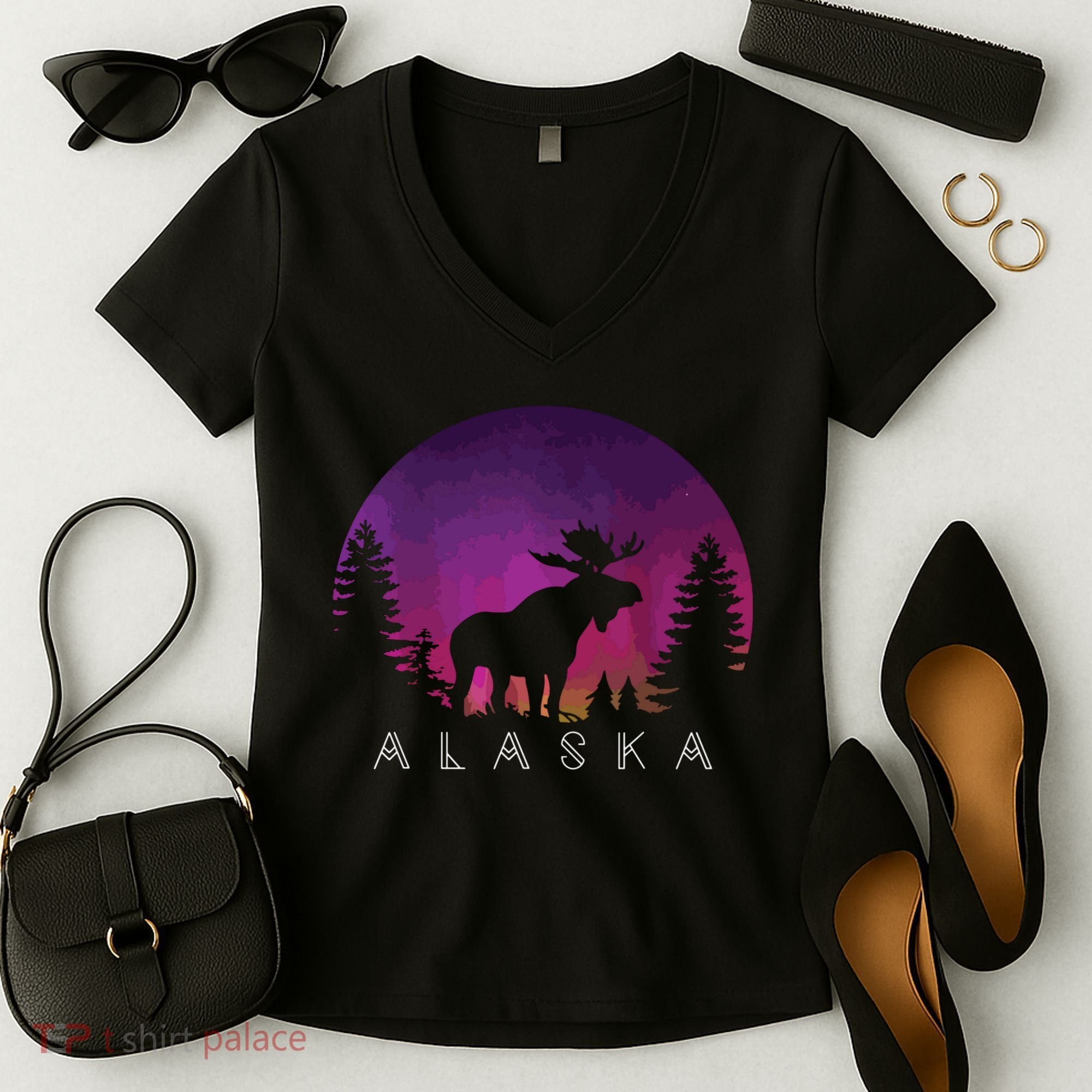 Alaska Moose Borealis Alaskan Landscape Women's V-Neck T-Shirt