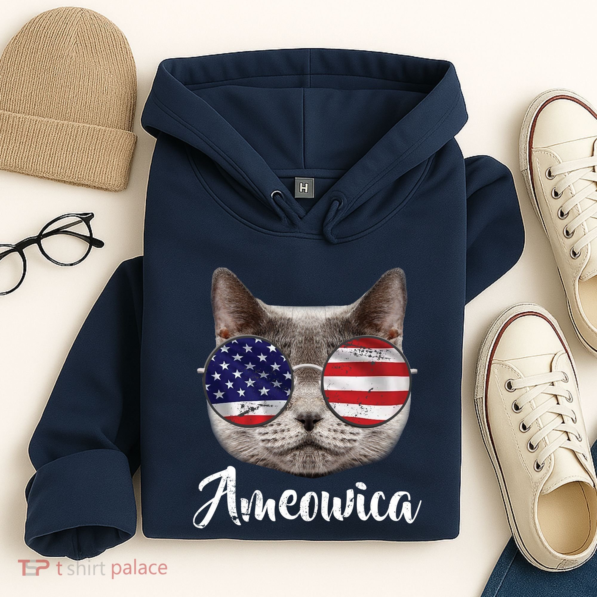 Ameowica America USA Cat Sunglasses Flag Hoodie