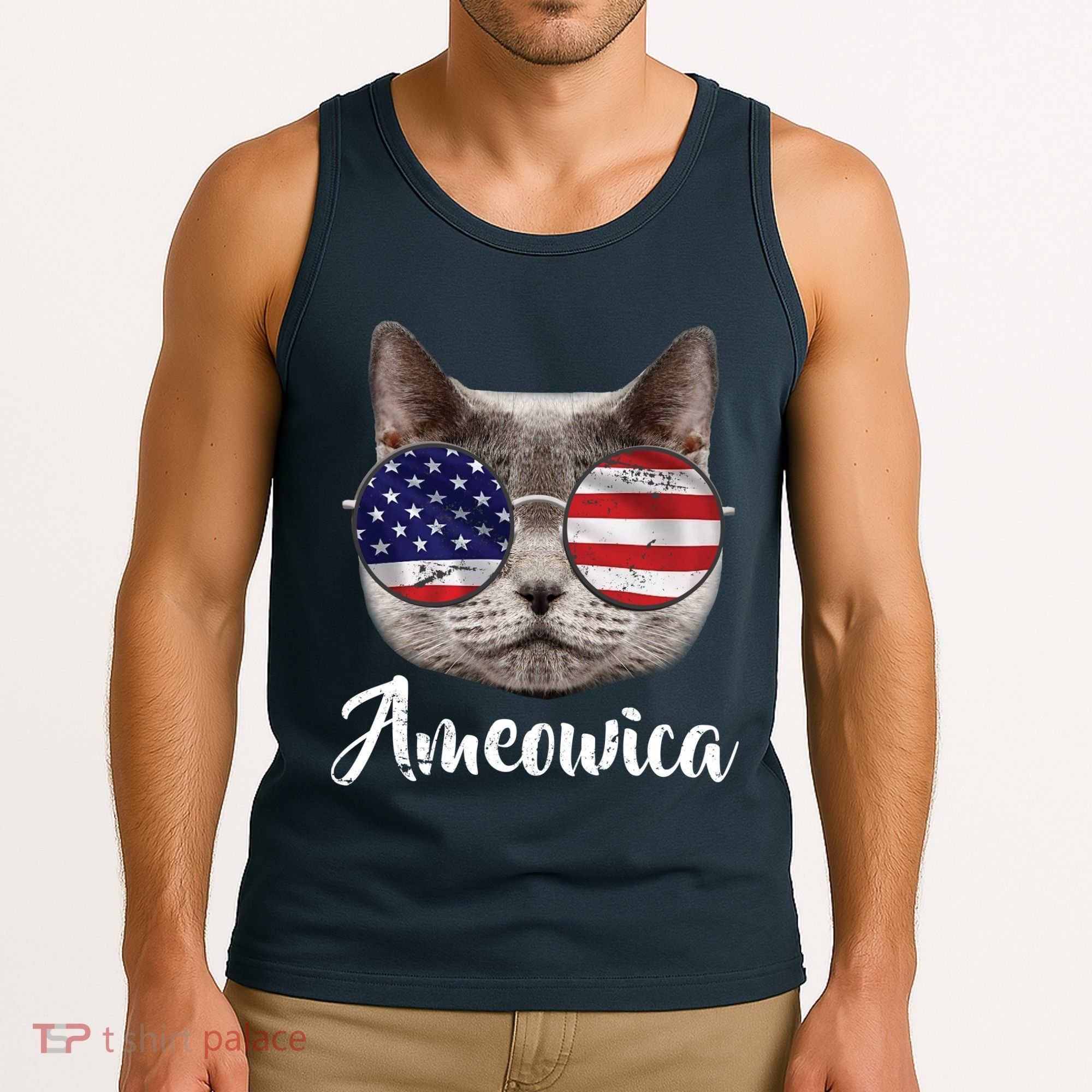Ameowica America USA Cat Sunglasses Flag Tank Top